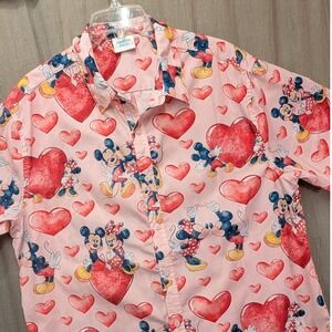 Rainbow Rules Mickey Minnie Mouse Hearts Pink Button Down Shirt Mens XL Disney